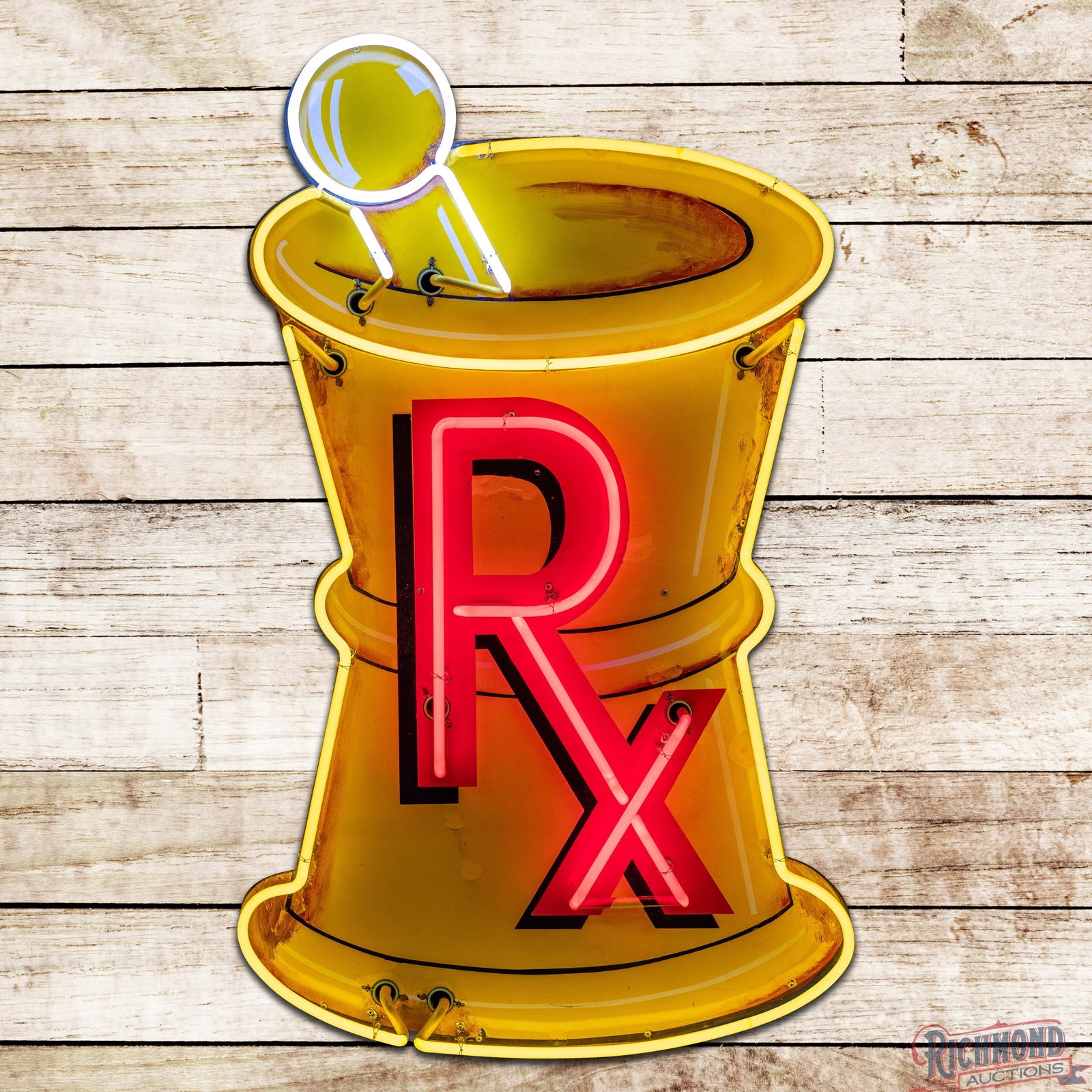 Outstanding RX Drug Store Mortar & Pestle Die Cut 52" Single Sided Porcelain Factory Neon Sign: SSP (Single Sided Porcelain) die cut factory neon sign with a metal can has excellent color and gloss. The sign features three-color neon which perfectly matches the sign's porcelain enamel colors. Th