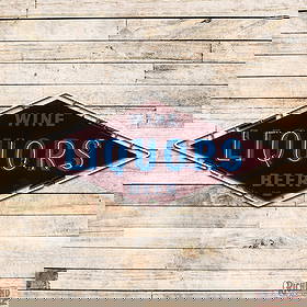 Liquors Wine Beer Die Cut 7' Double Sided Porcelain Factory Neon Sign: DSP (Double Sided Porcelain) die cut sign with the original metal can has excellent color and gloss. Side #1 has color matched chips in the field with an area of cloudiness above the "R" in Beer. The