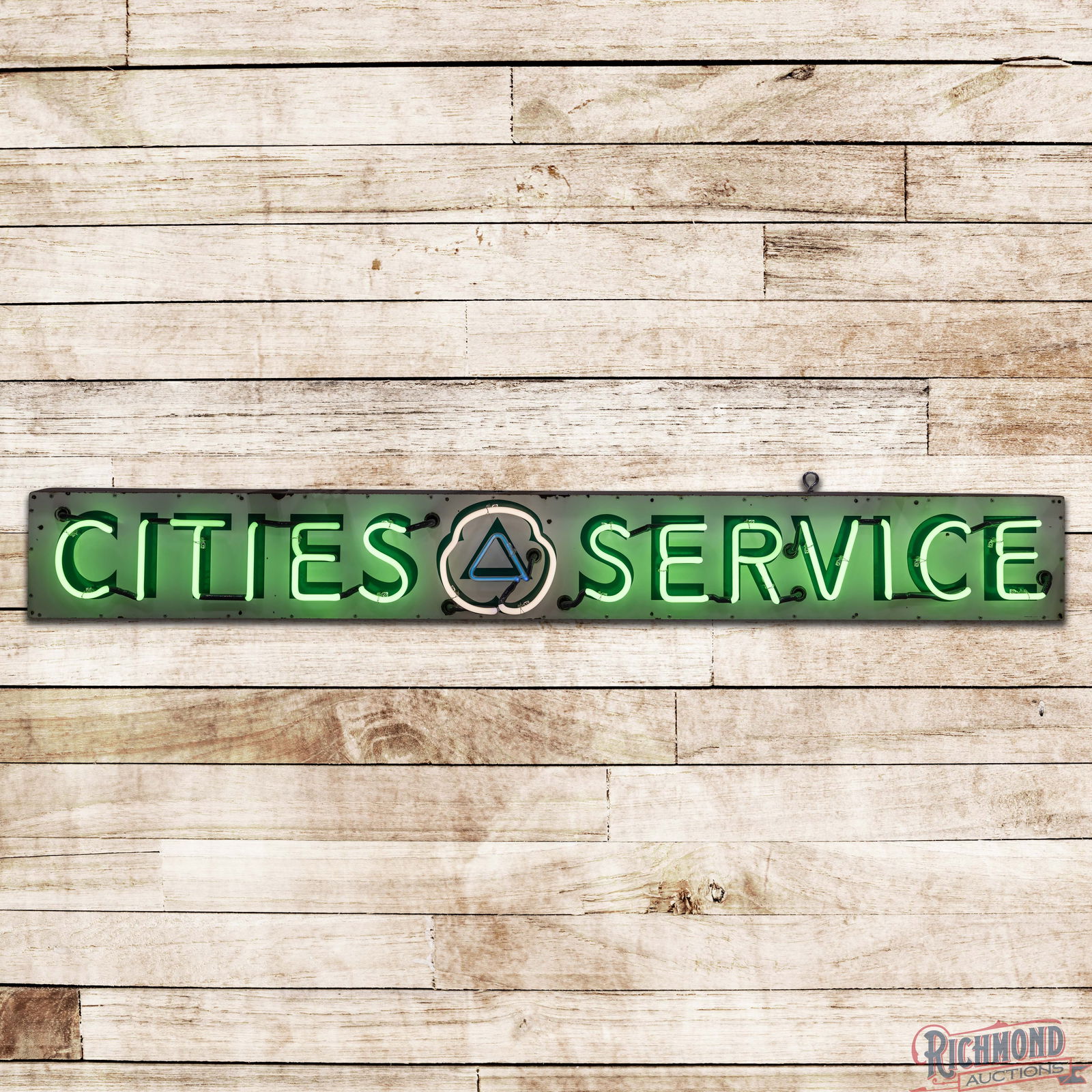 Cities Service Horizontal 8' Single Sided Porcelain Neon Sign w/ Logo: SSP (Single Sided Porcelain) sign with added neon and a new metal can has excellent color and gloss. The sign features three-color neon with a "Flashing" logo in the center. The display has small chip