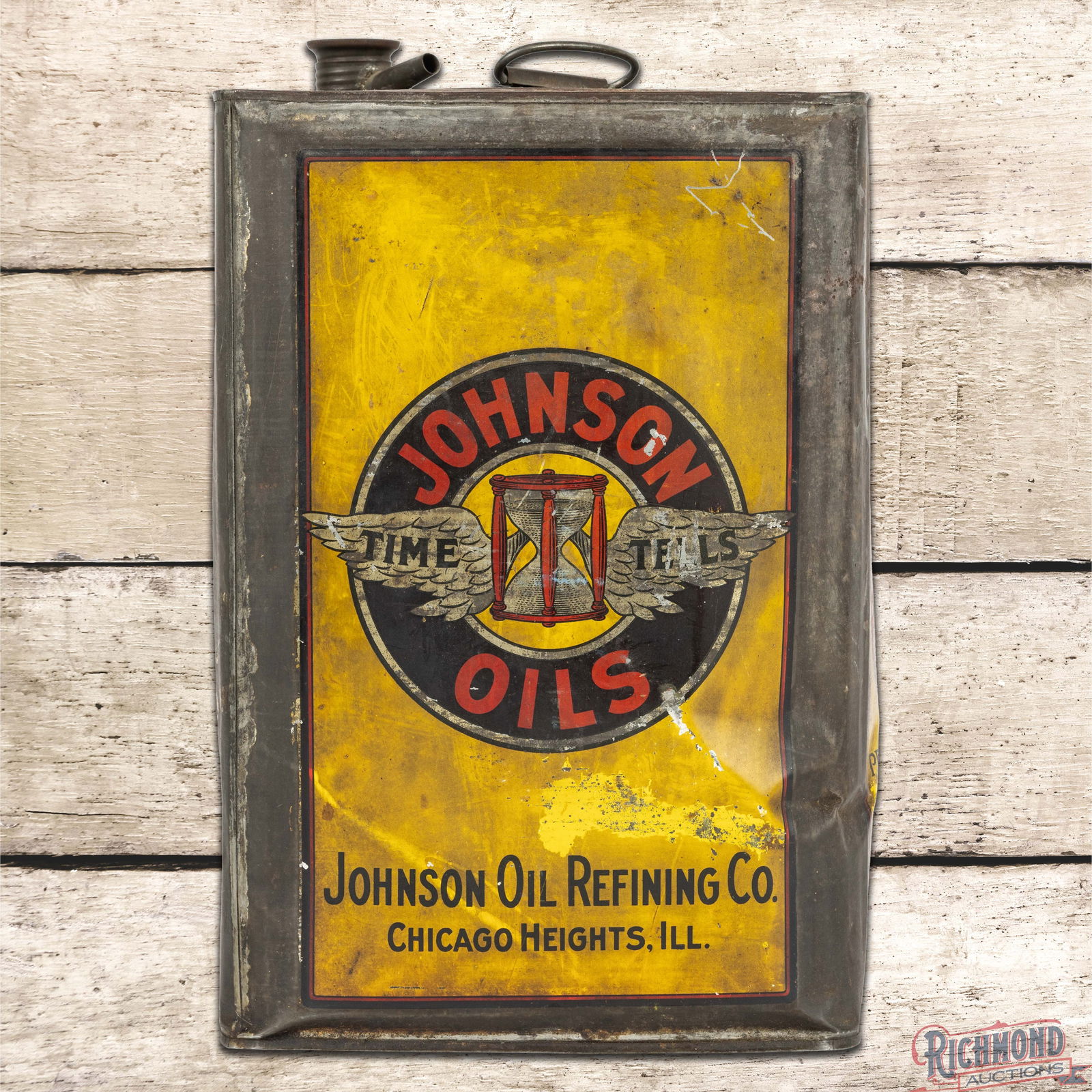 Johnson Centralene Automobile Oil 5 Gallon Metal Motor Oil Can w/ Early Car: Empty five-gallon metal can with a handle and cap has good color and shine. The can has outstanding graphics of an early car in the field on both sides with the iconic Johnson "Time Tells" logo on