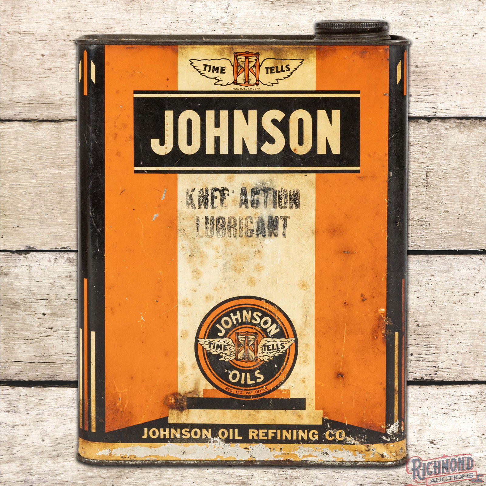 Johnson Oils "Time Tells" One Gallon Metal Knee Action Lubricant Can w/ Logo: Empty one-gallon metal can with lid and handle has good color and shine. The display has fine scratches with areas of discoloration. The reverse has additional spotting in the fields with paint loss