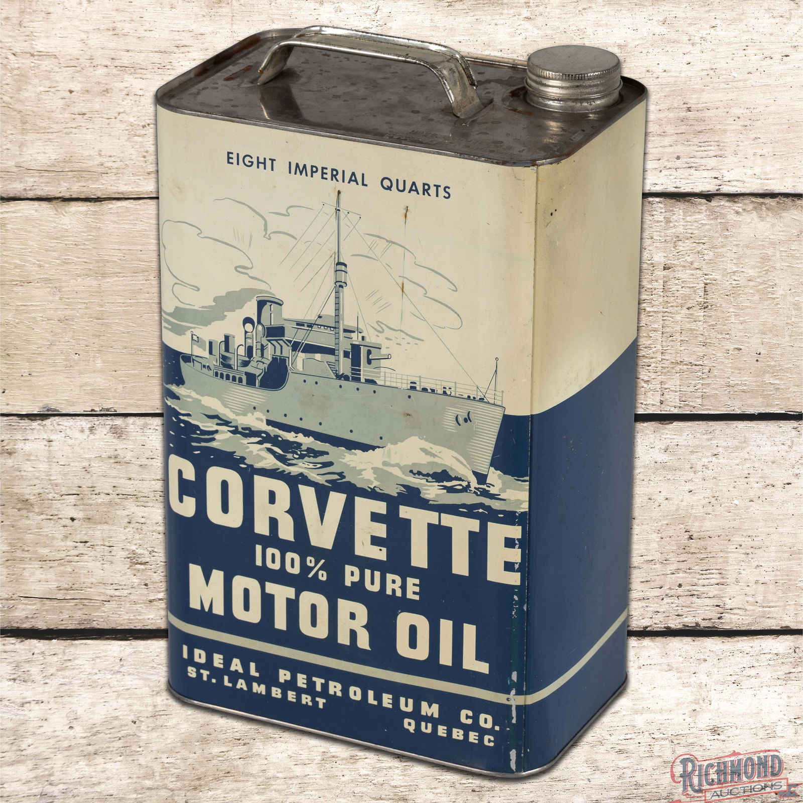 Ideal Petroleum Corvette Motor Oil 8 Imperial Quart Metal Can w/ Battleship: Metal eight imperial quart can has excellent color and shine. The can is empty and the display features a large Corvette battleship graphic. Side #1 is exceptionally clean with minor discoloration in