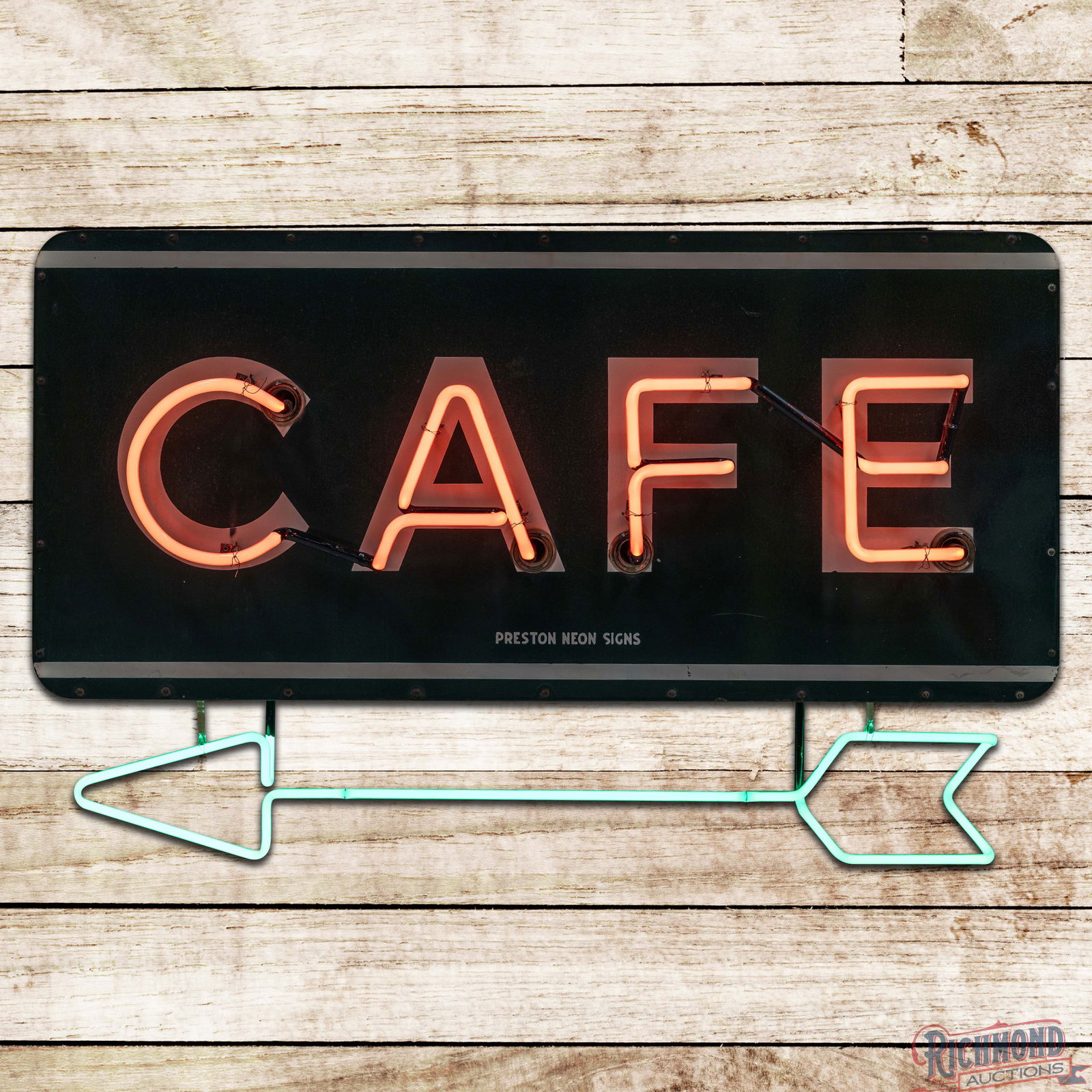 Fantastic Caf? 48" Double Sided Porcelain Factory Neon Sign w/ Directional Arrow: DSP (Double Sided Porcelain) factory neon sign with the original can and a neon directional arrow has very good color and gloss. The sign features striking single-color neon lettering with a flashing