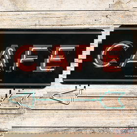 Fantastic Caf? 48" Double Sided Porcelain Factory Neon Sign w/ Directional Arrow: DSP (Double Sided Porcelain) factory neon sign with the original can and a neon directional arrow has very good color and gloss. The sign features striking single-color neon lettering with a flashing