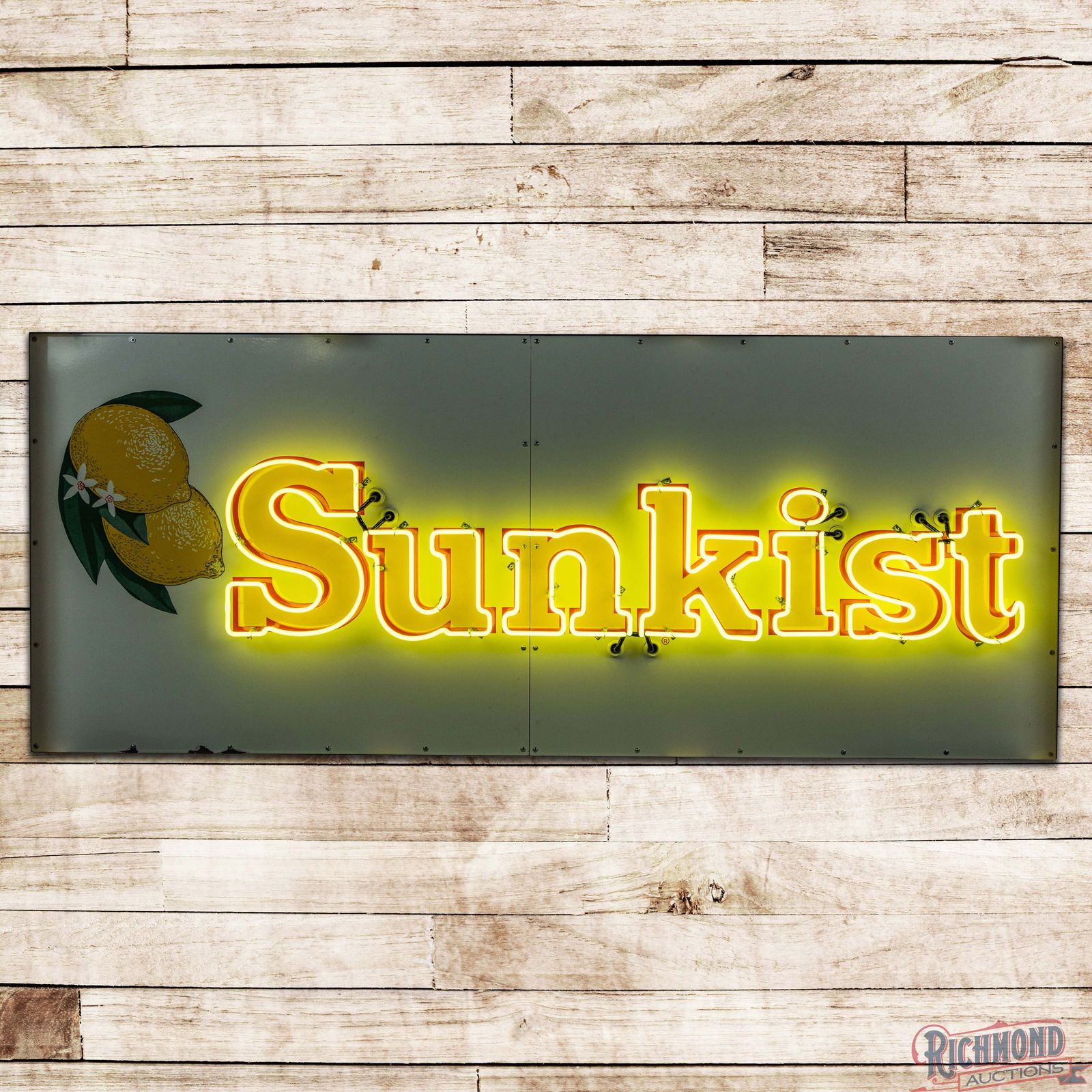 Amazing Sunkist 7.5' Single Sided Porcelain Neon Sign w/ Lemons: SSP (Single Sided Porcelain) two-piece sign with added neon and a new metal can has day one color and gloss. The sign features brilliant neon outlined lettering with colorful porcelain enamel colors a