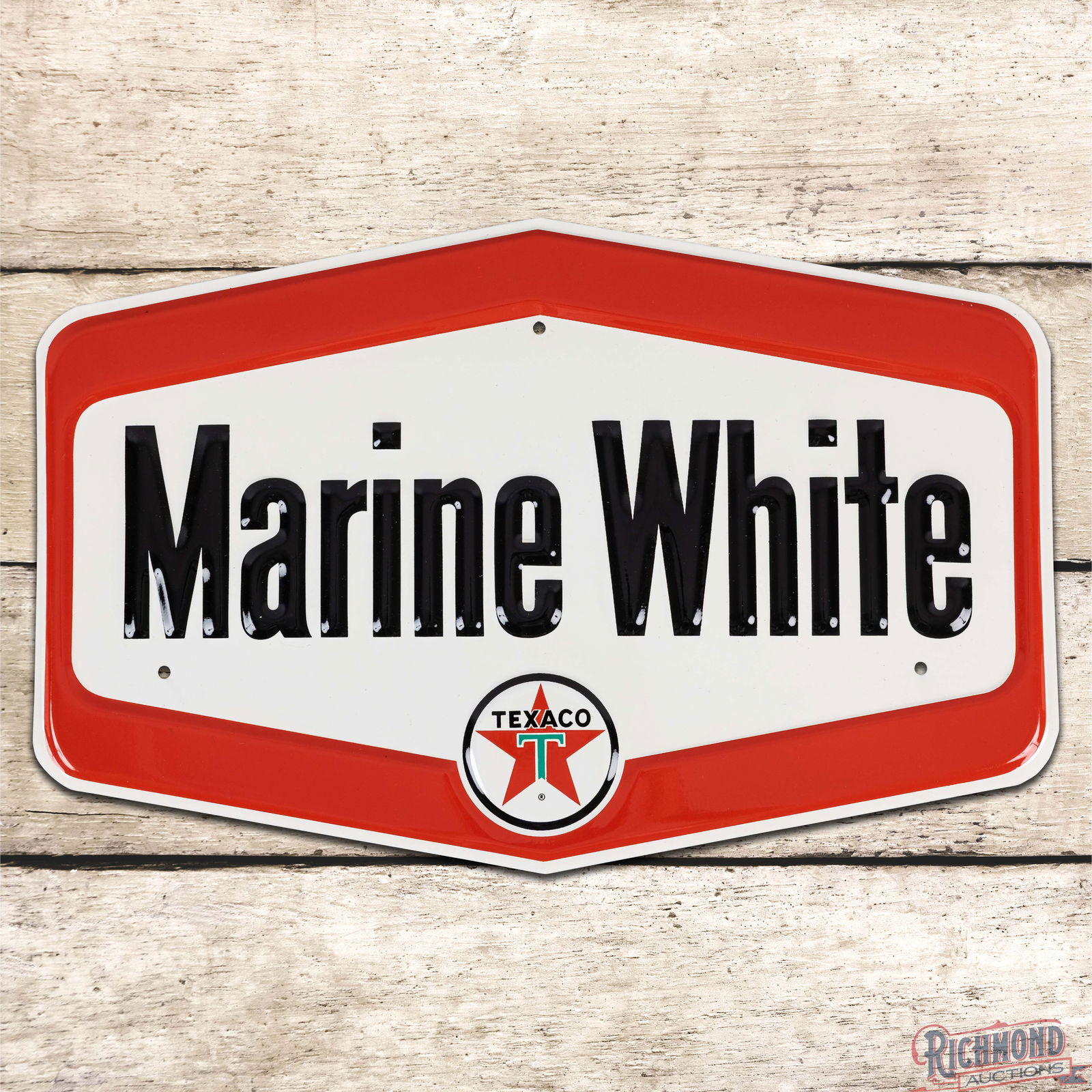 Oustanding Texaco Marine White Gasoline Emb. Single Sided Tin Pump Plate Sign: SST (Single Sided Tin) embossed sign has day one color and shine. The field is clean with minor surface imperfections in the outer fields. The perimeter is in excellent condition as well. Overall a