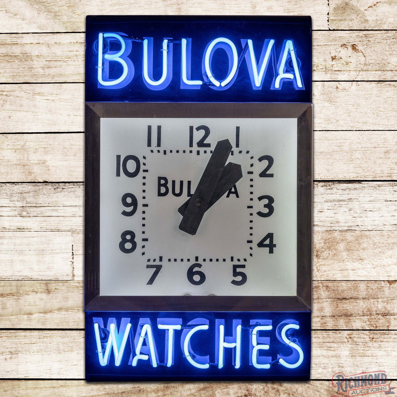 Impressive Bulova Watches Single Sided Porcelain Factory Neon Advertising Clock: SSP (Single Sided Porcelain) factory neon advertising clock has outstanding color and gloss. The clock and neon both work as they should. The inner face and hands are clean with minor imperfections. T