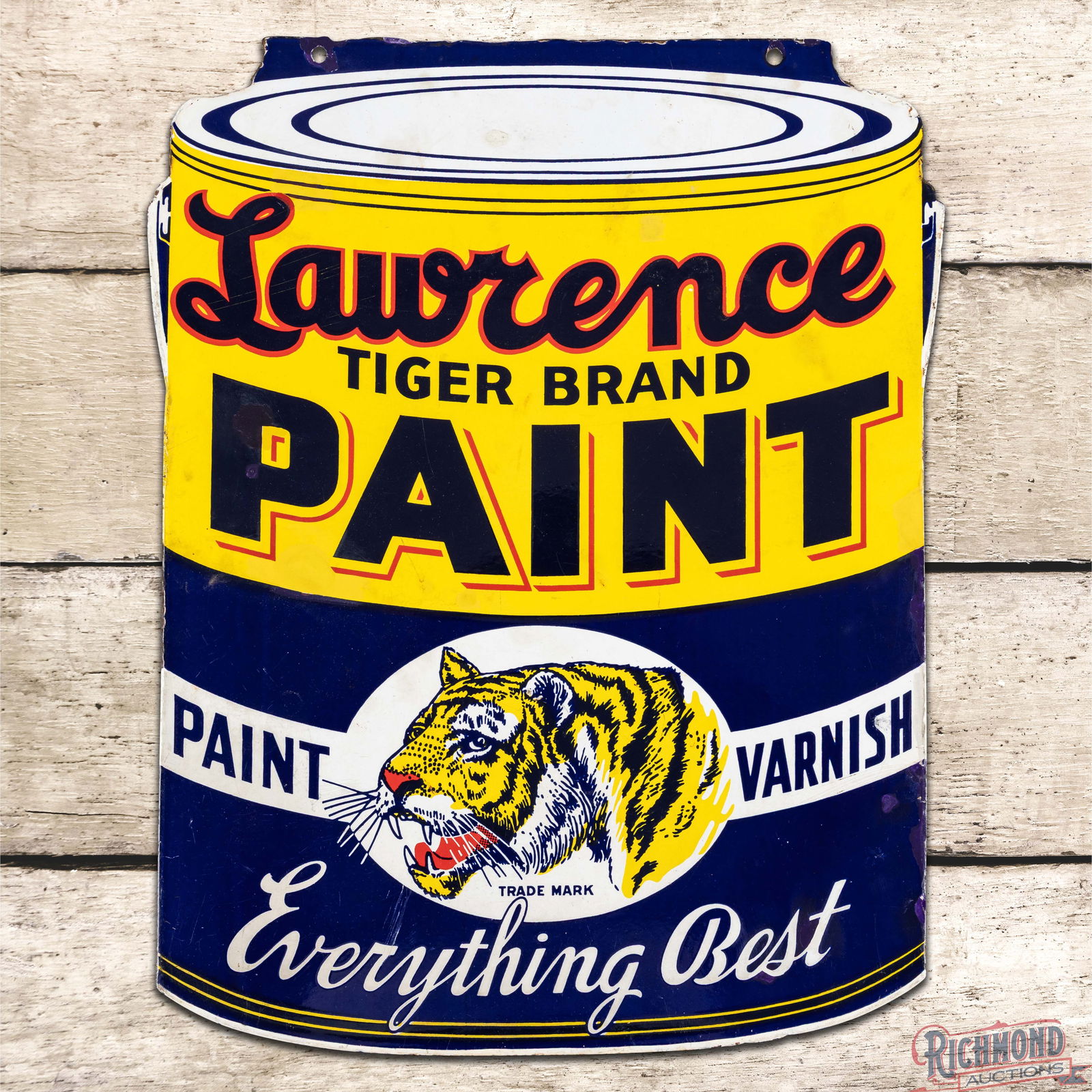 Lawrence Tiger Brand Paint "Everything Best" Die Cut Double Sided Porcelain Sign: DSP (Double Sided Porcelain) die cut sign has good color and gloss. The display has small chips with surface wear and areas of discoloration. The perimeter has chips with crazing along the left hand s