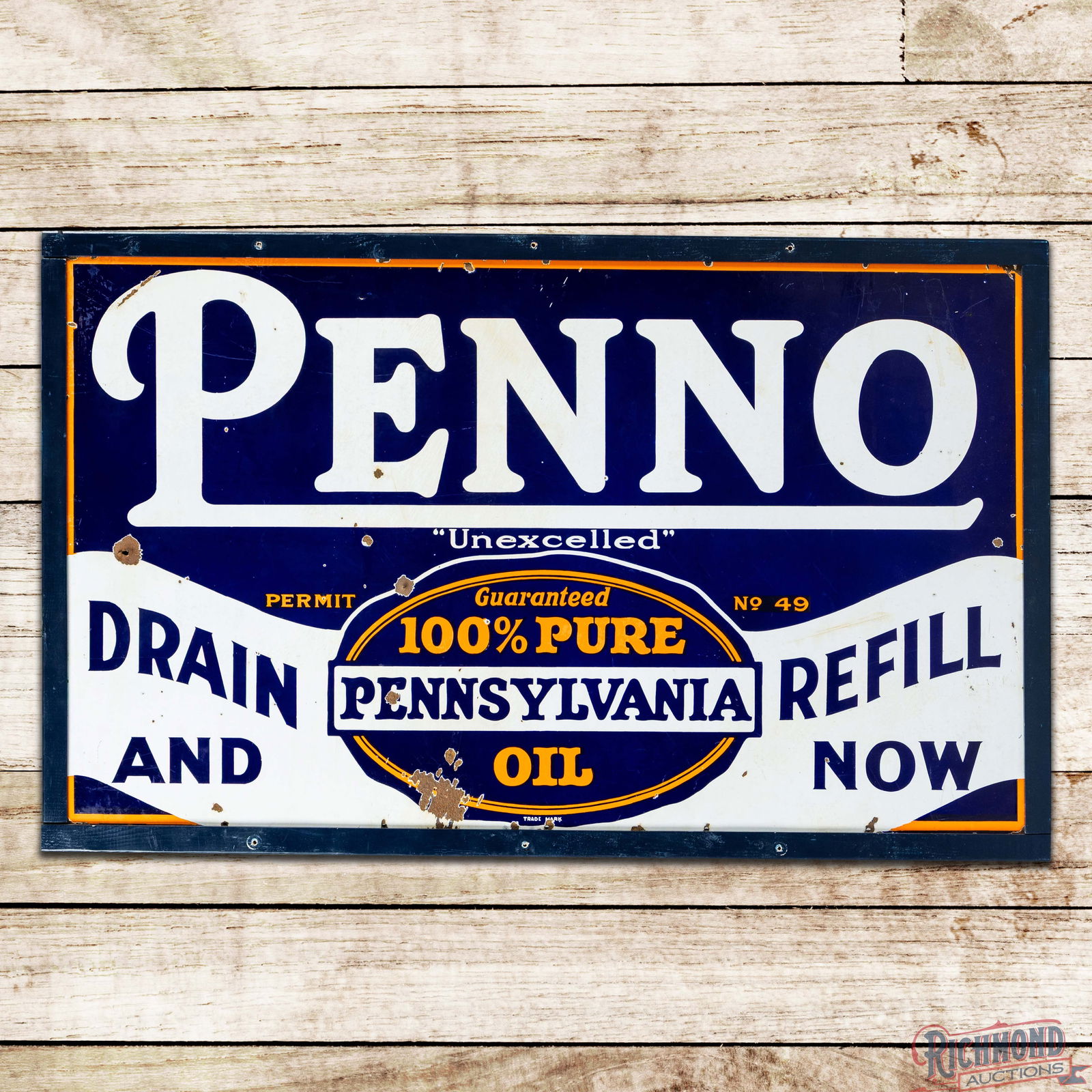 Penno 100% Pure Pennsylvania Motor Oil 5' Single Sided Porcelain Sign: SSP (Single Sided Porcelain) sign with an added wood frame has very good color and gloss. The field has chips with areas of surface wear, crazing, discoloration and two non-factory holes. The perimete