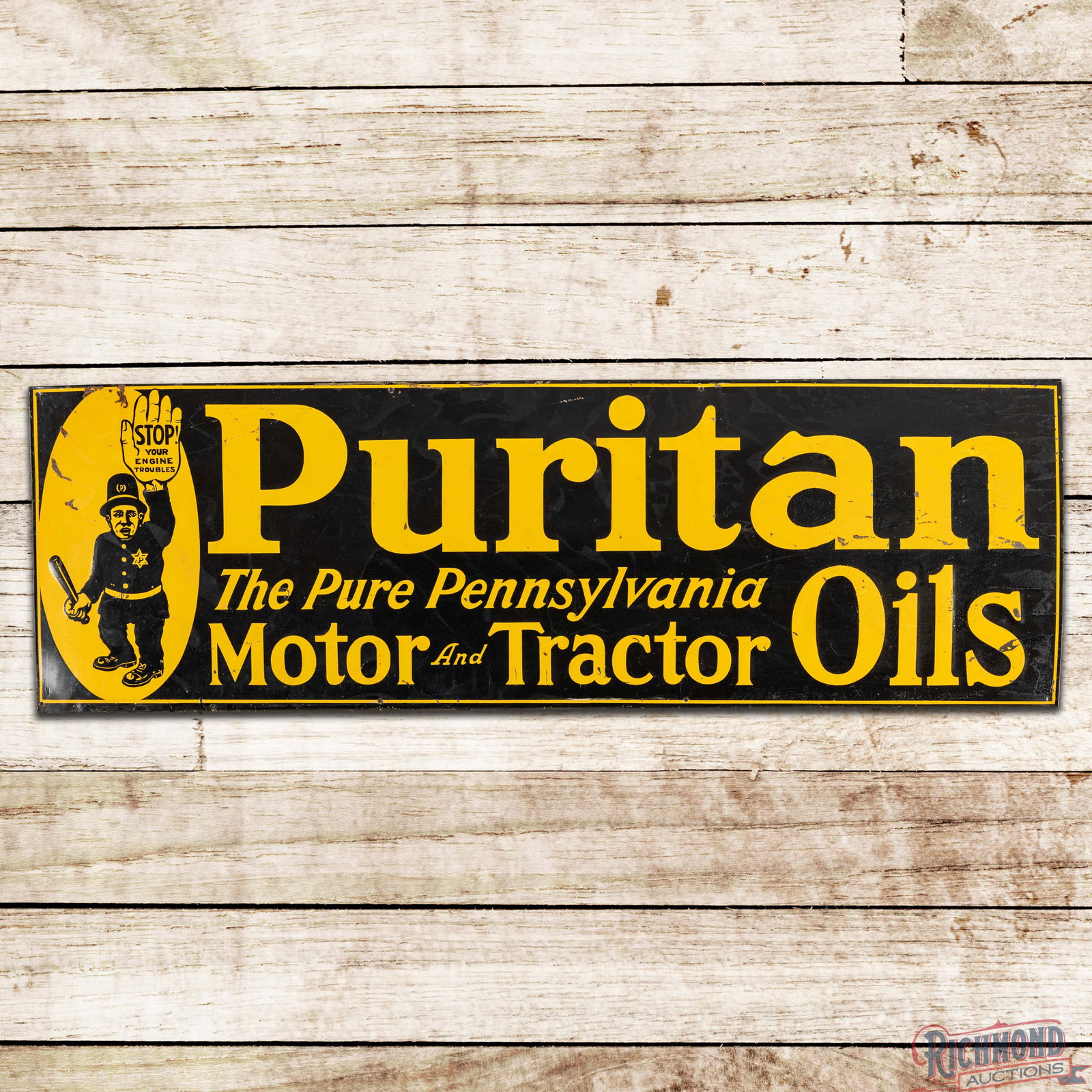 Puritan Motor and Tractor Oils Emb. Single Sided Tin Sign w/ Logo: SST (Single Sided Tin) embossed crimped edge sign has very good color and shine. The field has light wear with paper marks and paint chips. The perimeter has minor edge bends with light wear