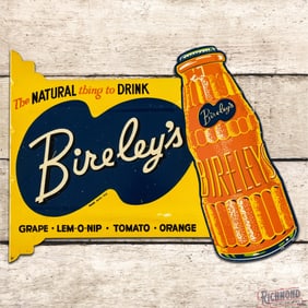 NOS Bireley's "The Natural Thing to Drink" Double Sided Tin Die Cut Flange Sign w/ Bottle
