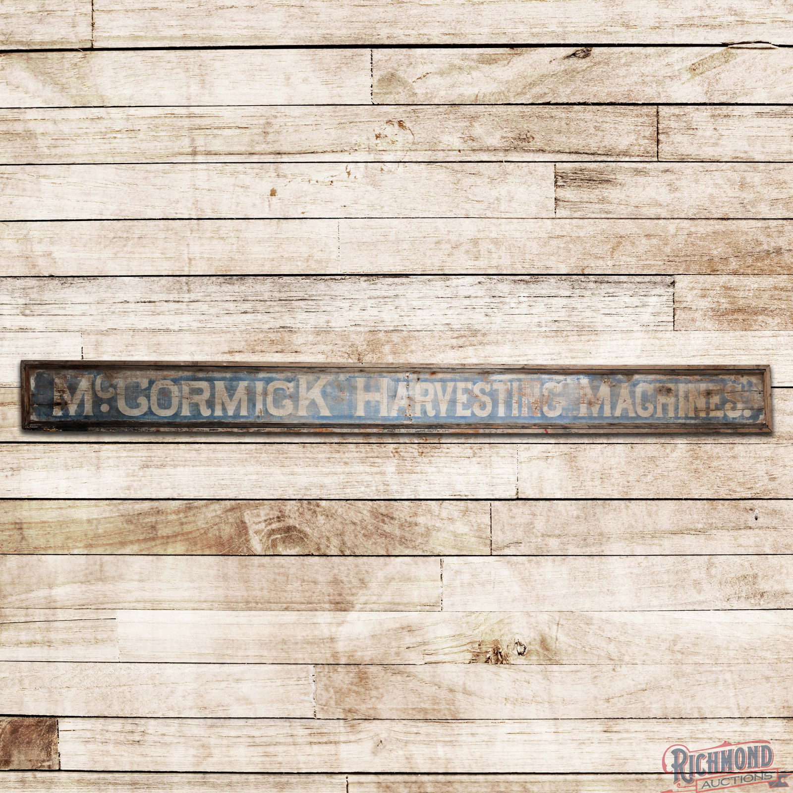 Early McCormick Harvesting Machines 12' Wooden Advertising Sign: Late 1800s single-sided painted wood sign with a wooden frame has good color. The sign exhibits general age-related wear throughout with added nails in the "A" of Harvesting. The paint has areas of