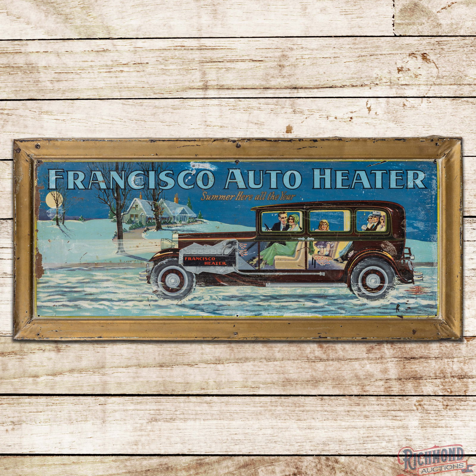 Francisco Auto Heater Single Sided Tin Lithograph Sign w/ Early Automobile: SST (Single Sided Tin) self-framed sign has good color and shine. The display has areas of general wear with oxidation, fine scratches and paint chips. The perimeter has larger paint chips,