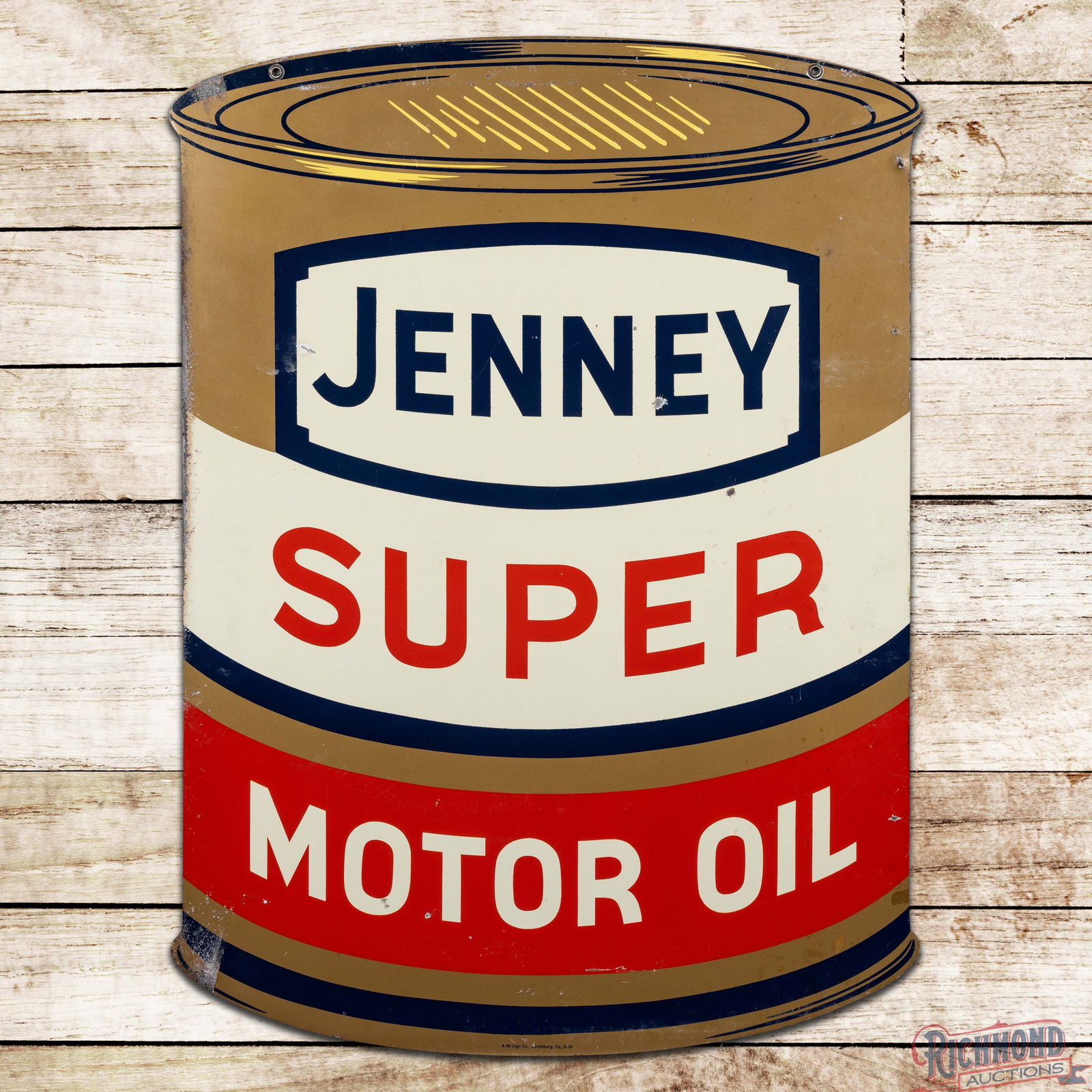 1954 Jenney Super Motor Oil Die Cut Quart Can Shaped Double Sided Tin Sign: DST (Double Sided Tin) sign has good color and shine. Side #1 has light wear in the fields with paint chips and areas of oxidation. The reverse has additional surface wear with fine scratches and