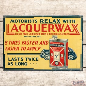 Motorists Relax with Lacquerwax Emb. Single Sided Tin Sign w/ Can & Automobile