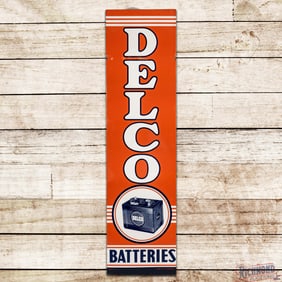 1954 Delco Batteries Single Sided Tin Sign w/ Logo