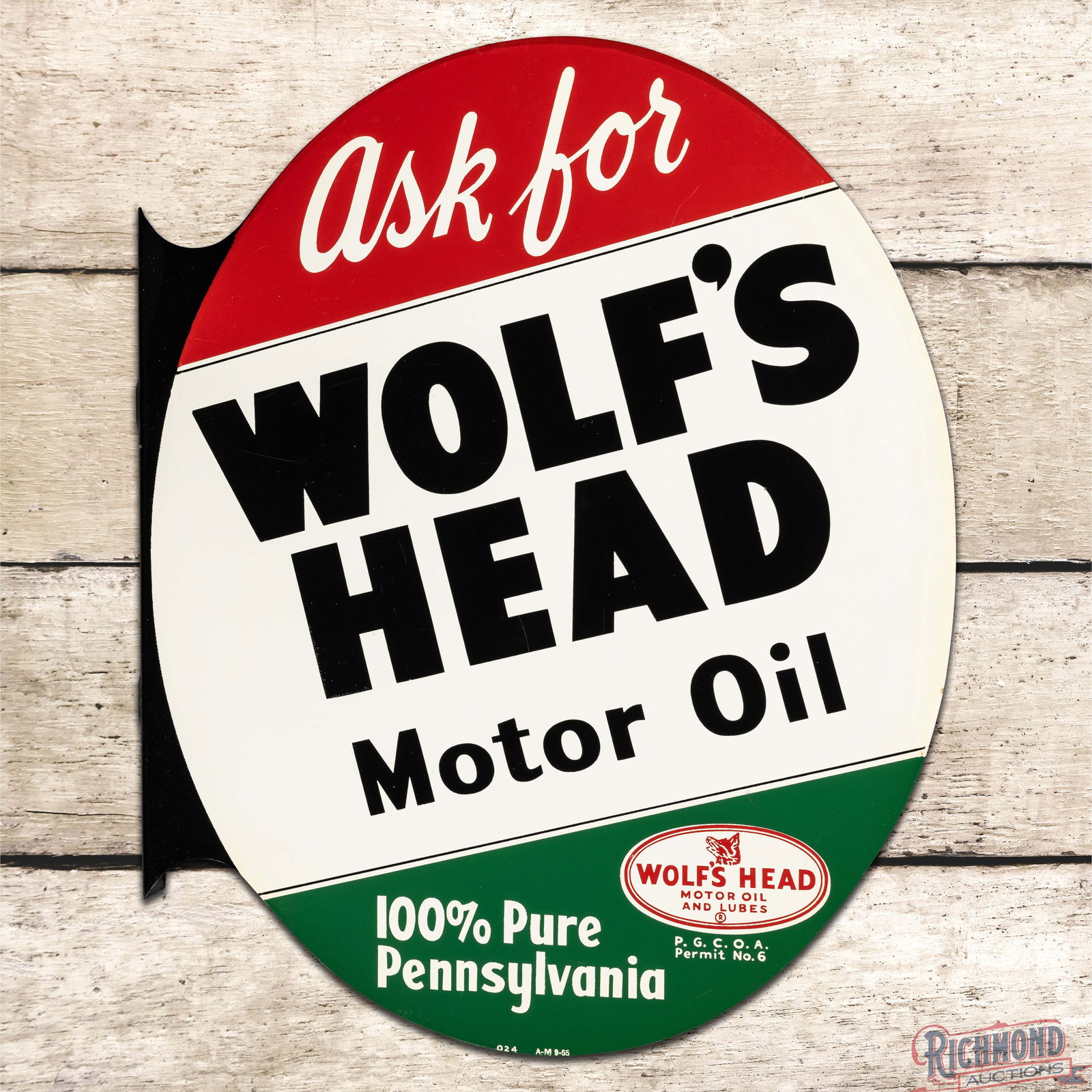 NOS 1955 Ask for Wolf's Head Motor Oil Double Sided Tin Flange Sign w/ Logo (1 of 4)