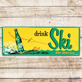 Excellent Drink Ski "Say Skee-E-E" Single Sided Tin Sign w/ Bottle