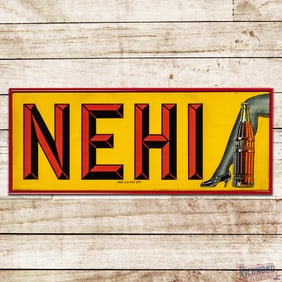 Nehi Beverages Emb. Single Sided Tin Sign w/ Bottle & Leg