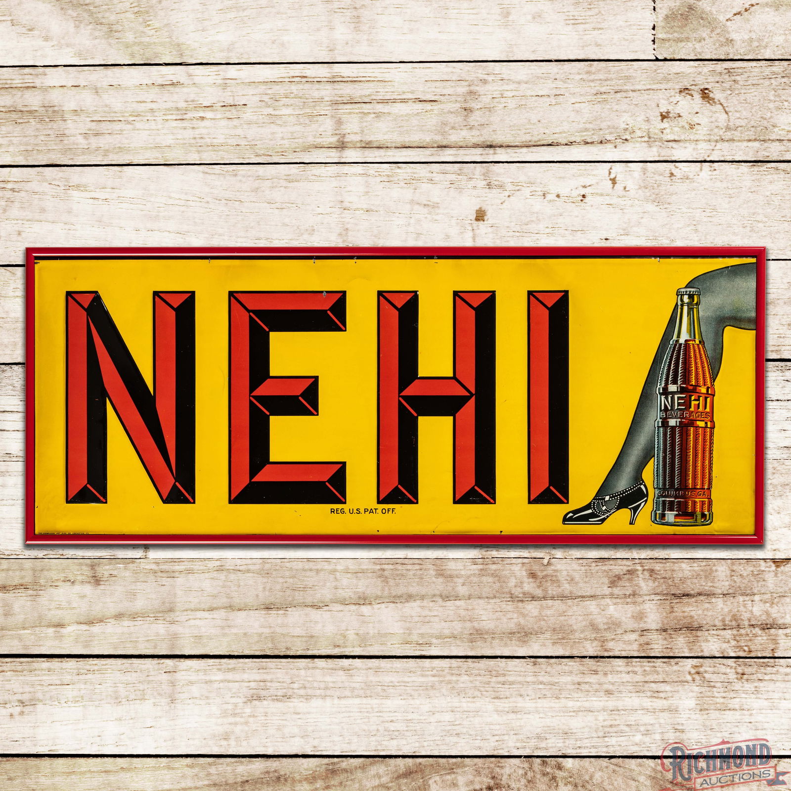Nehi Beverages Emb. Single Sided Tin Sign w/ Bottle & Leg (1 of 3)