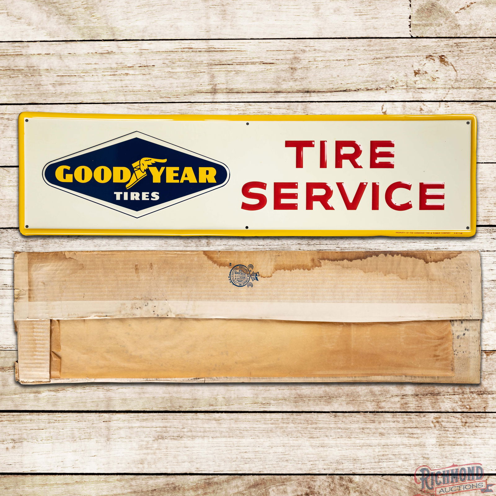 NOS 1962 Goodyear Tire Service Emb. Single Sided Tin Sign w/ Original Box (1 of 5)