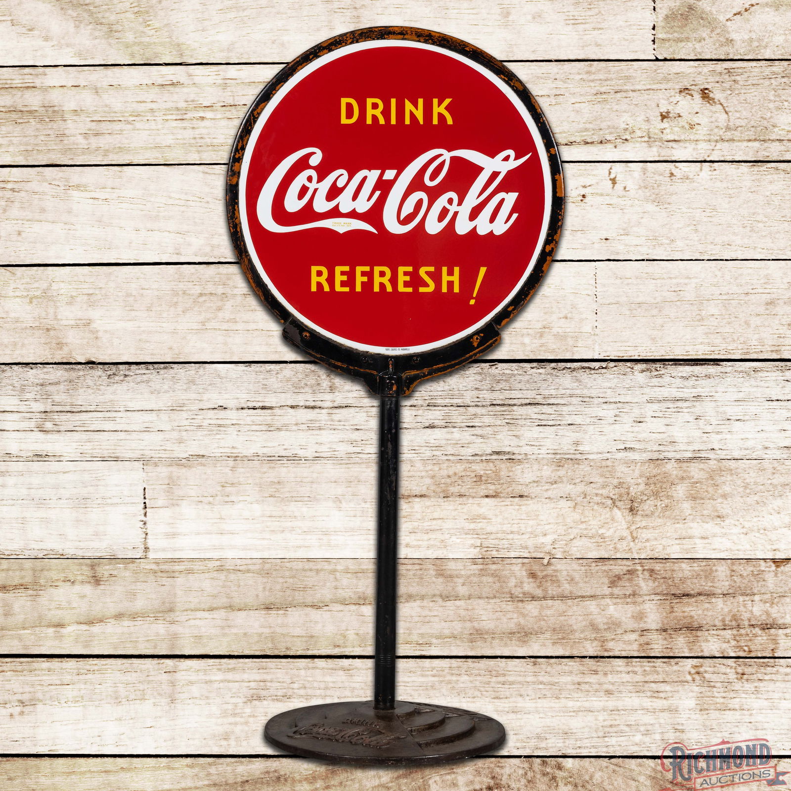 Oustanding 1938 Drink Coca Cola Refresh! 30" Double Sided Porcelain Curb Sign: DSP (Double Sided Porcelain) sign with ring, pole and Coke base has excellent color and gloss. The display is exceptionally clean overall with minor surface imperfections and light wear along the edge