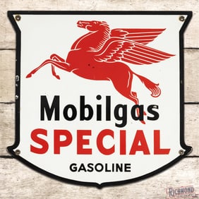 Mobilgas Special Gasoline Single Sided Porcelain Pump Plate Sign w/ "Drop Leg"