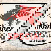 Mobilgas Special Gasoline Single Sided Porcelain Pump Plate Sign w/ "Drop Leg": SSP (Single Sided Porcelain) die cut pump plate has excellent color and gloss. The display has light wear with a small chip in the "S" of Mobilgas and minor spotting. The perimeter has light wear at t