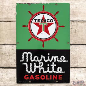 1958 Texaco Marine White Gasoline Single Sided Porcelain Pump Plate Sign w/ "Ships Wheel"