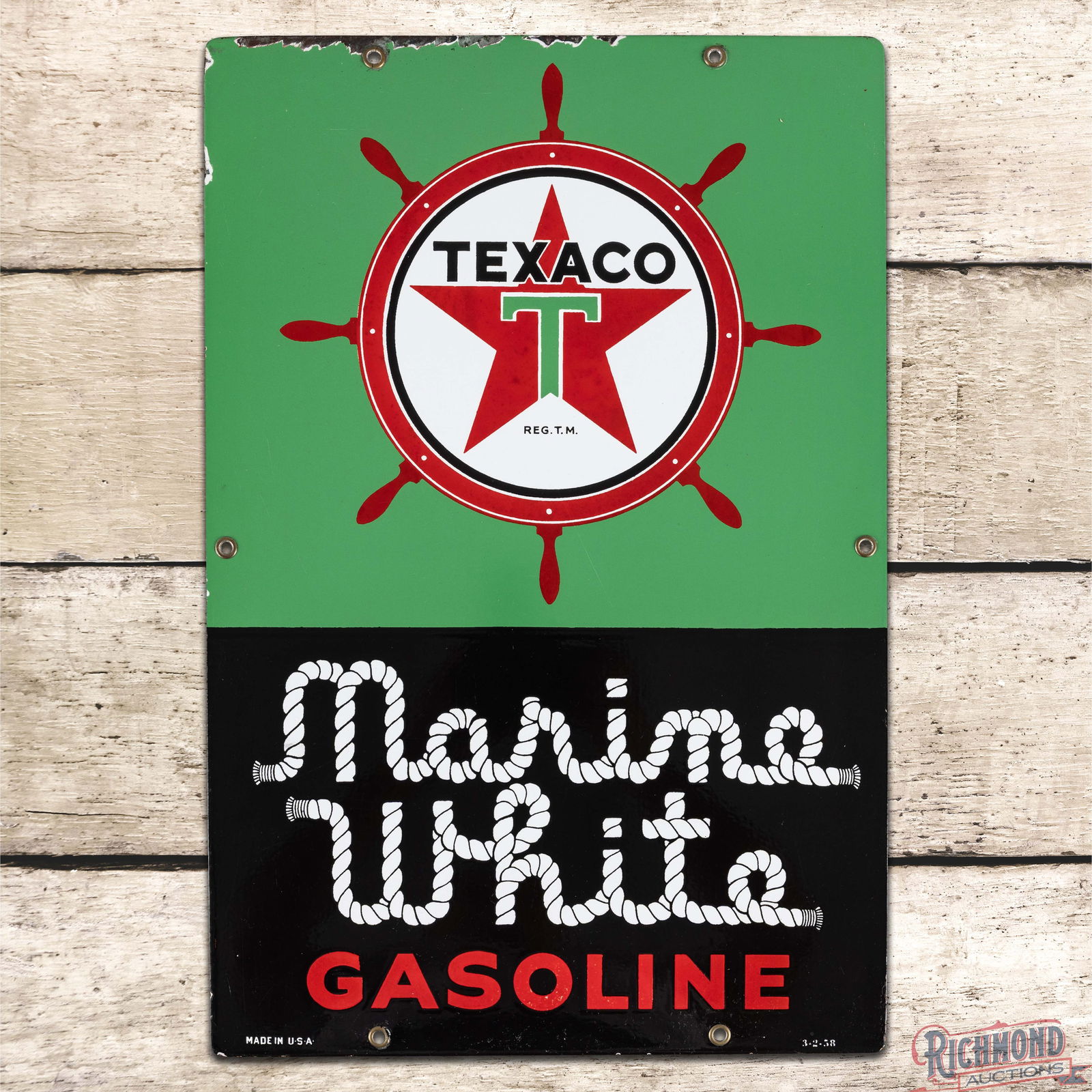 1958 Texaco Marine White Gasoline Single Sided Porcelain Pump Plate Sign w/ "Ships Wheel": SSP (Single Sided Porcelain) sign has excellent color and gloss. The display has light surface wear with minor spotting in the logo. The perimeter has chipping along the upper edge with other small