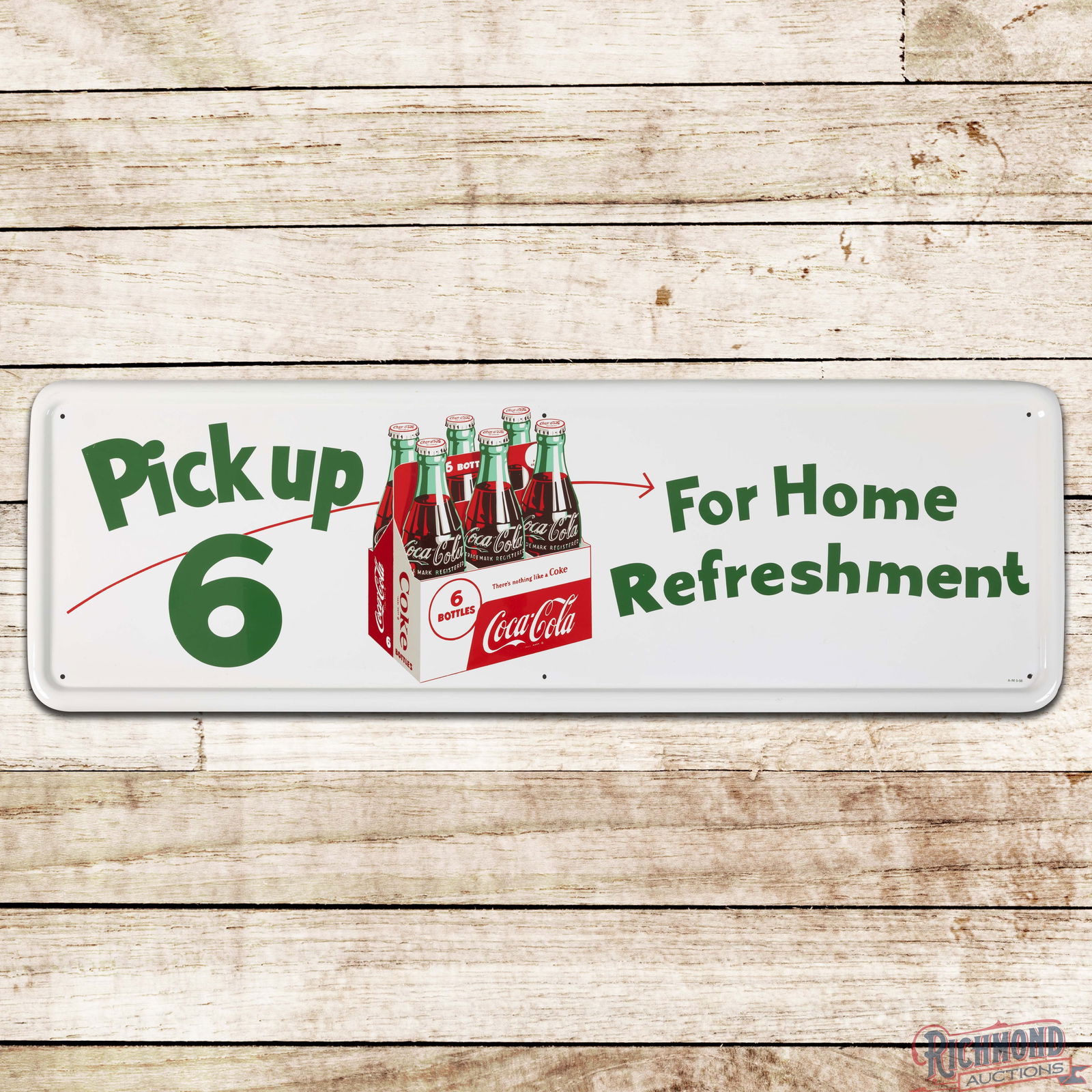 1956 Coca Cola "Pick Up 6 For Home Refreshment" Single Sided Tin Sign w/ White Six Pack: SST (Single Sided Tin) self-framed Coke sign has outstanding color and shine. The display is very clean overall with minor surface imperfections. The perimeter has a professional color match at the