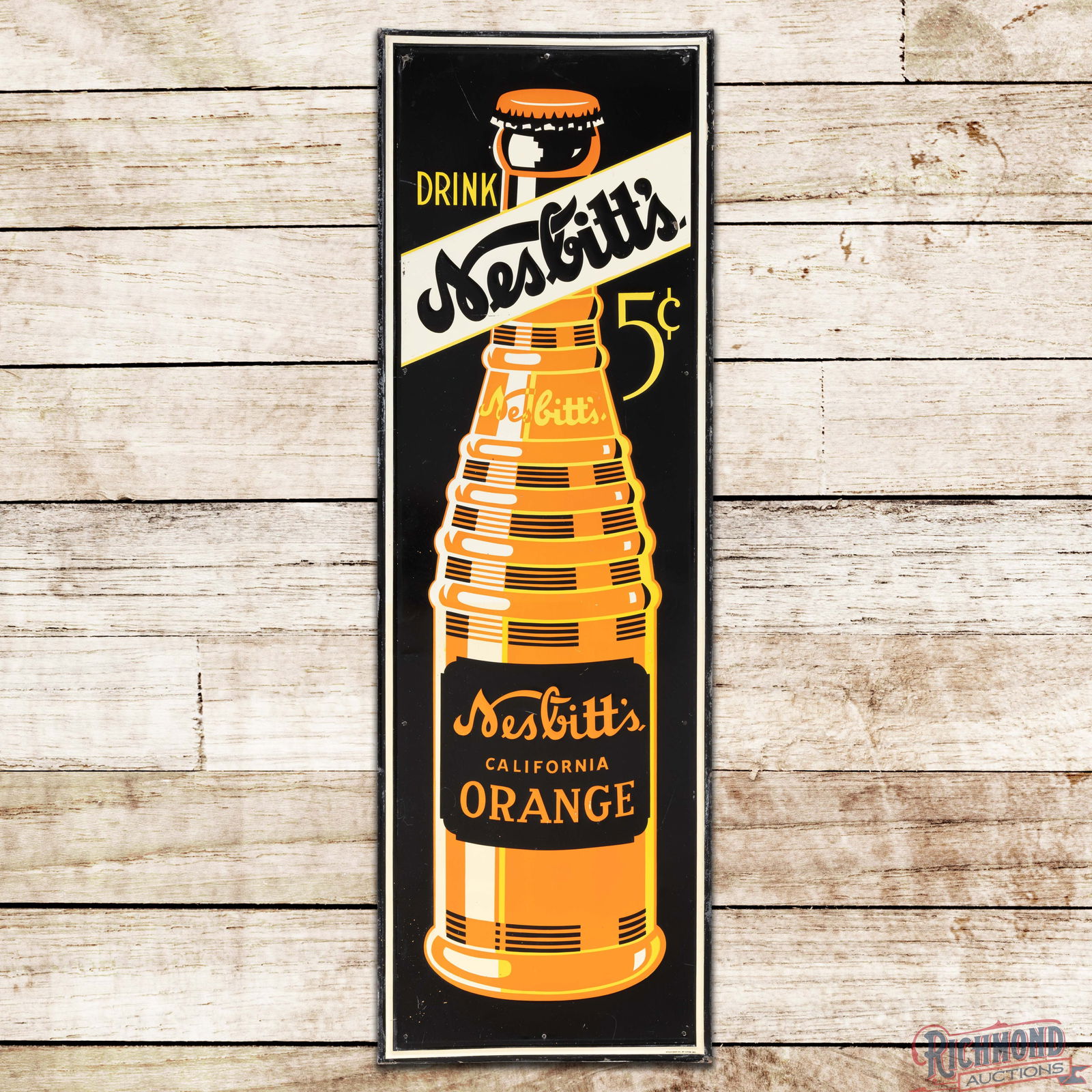 Drink Nesbitt's California Orange 5 Cents Emb. Single Sided Tin Sign w/ Bottle: SST (Single Sided Tin) embossed self-framed sign has very good color and shine. The field has light wear with fine scratches and small paint chips. The perimeter has an added mounting hole at 12 and