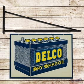 Delco Dry Charge Batteries Double Sided Tin Sign w/ Metal Bracket