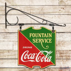 Drink Coca Cola Fountain Service Die Cut Double Sided Porcelain Sign w/ Bracket