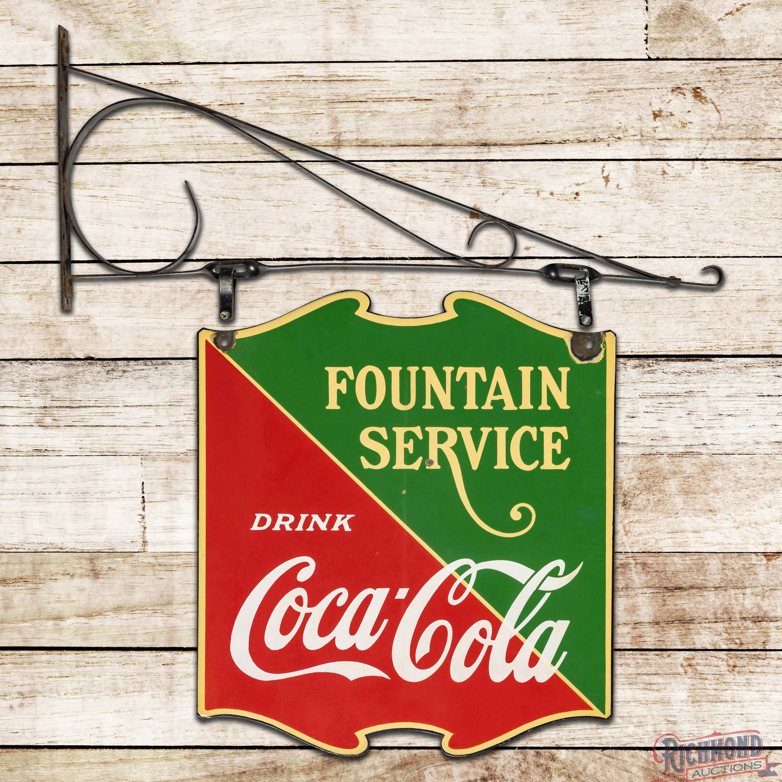 Drink Coca Cola Fountain Service Die Cut Double Sided Porcelain Sign w/ Bracket: DSP (Double Sided Porcelain) die cut sign with metal bracket has good color and gloss. Side #1 has small chips in the field with lower gloss and slight discoloration in the white porcelain enamel.