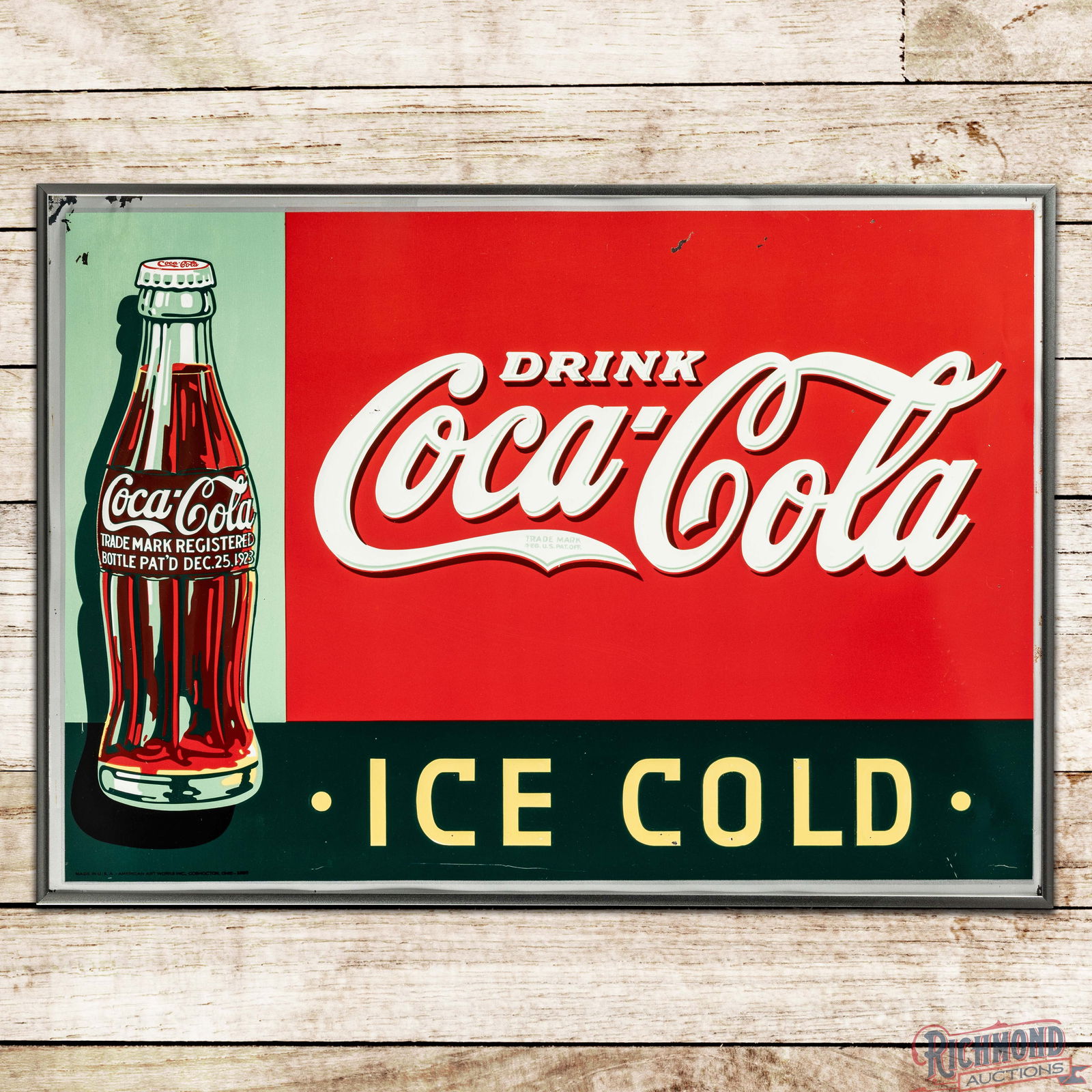 1937 Drink Coca Cola "Ice Cold" Emb. Single Sided Tin Sign w/ Christmas Bottle: SST (Single Sided Tin) embossed self-framed sign with added metal frame has excellent color and shine. The field is very clean overall with light wear in the "Coca" lettering. The outer fields and