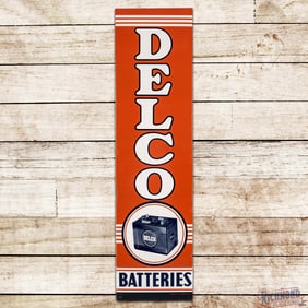 1954 Delco Batteries Vertical 6' Single Sided Tin Logo Sign
