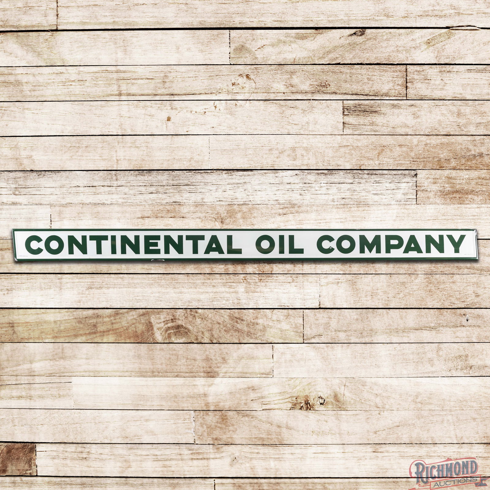 Conoco Continental Oil Company 12' Horizontal Single Sided Porcelain Sign: SSP (Single Sided Porcelain) self-framed rolled edge sign has outstanding color and gloss. The field has a small chip in the "C" of Company and a bruise by the "A" in the left field. The perimeter