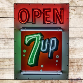 Fantastic 1963 OPEN 7up Single Sided Tin Neon Sign w/ Logo
