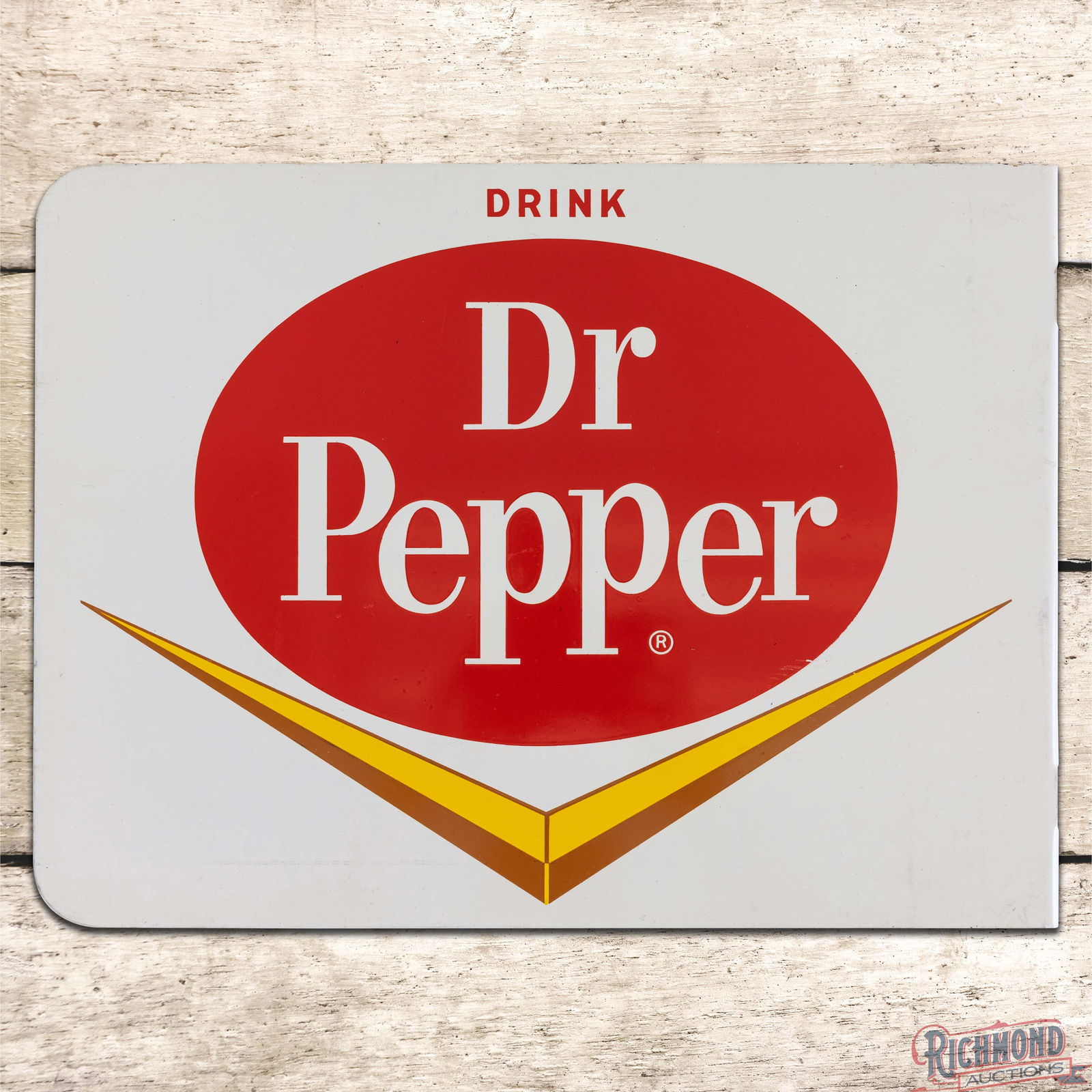 Drink Dr. Pepper Double Sided Tin Flange Sign w/ Chevron Logo: DST (Double Sided Tin) flange has excellent color and shine. The display has a clean field with light wear in the outer fields and edges. The reverse has scuffs above the lower right edge of the logo