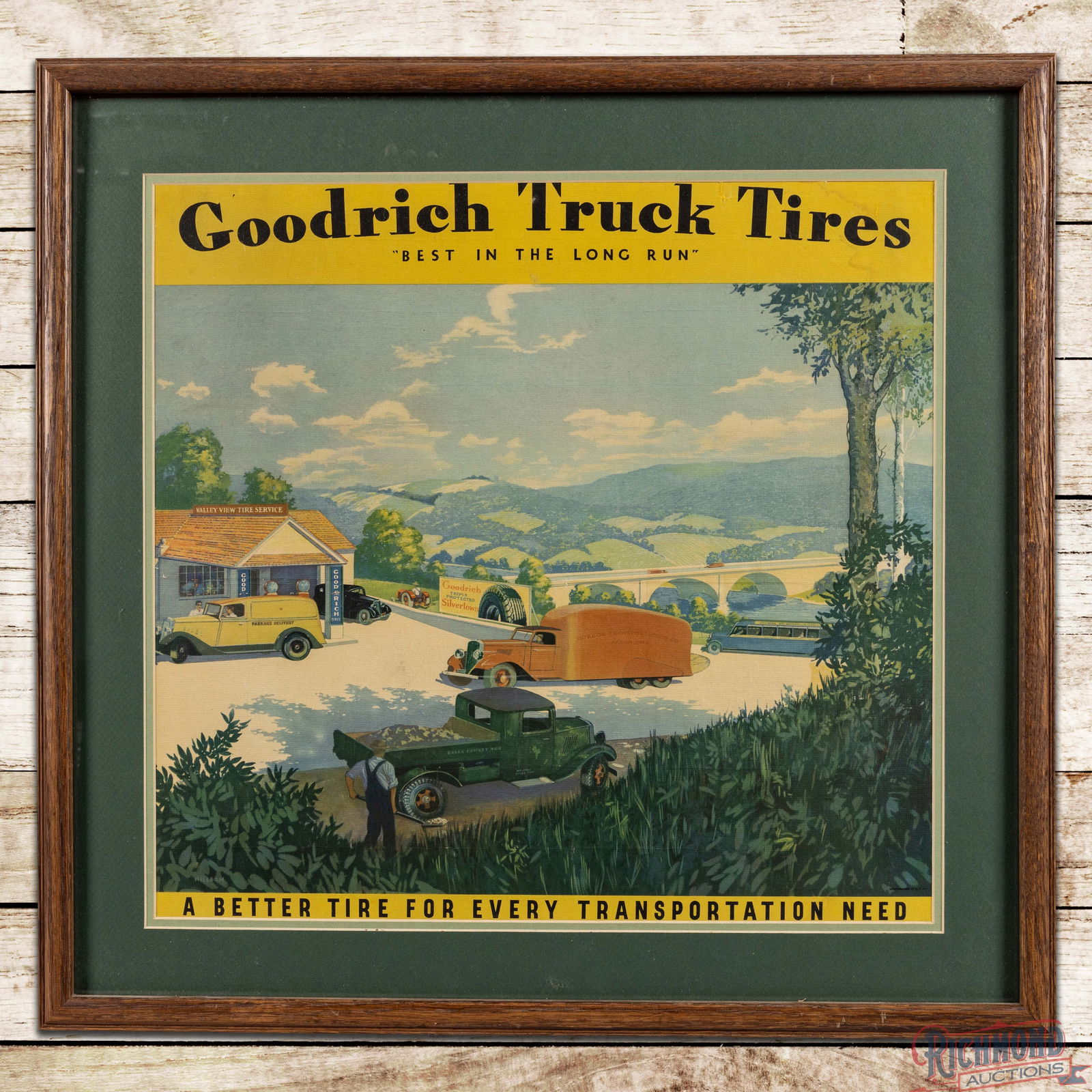 Goodrich Truck Tires "Best in the Long Run" Framed Advertising Poster Sign: Single sided lithograph paper advertising poster has been matted and framed under plexiglass. The poster features outstanding graphics with an early service station and a picturesque backdrop with num