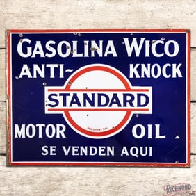 Standard Gasolina Wico Anti-Knock Motor Oil Double Sided Porcelain Flange Sign w/ Logo