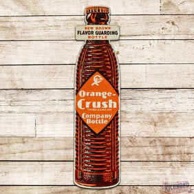 1939 Orange Crush "New Brown Flavor Guarding Bottle" Emb. Die Cut Single Sided Tin Sign w/ Crushy