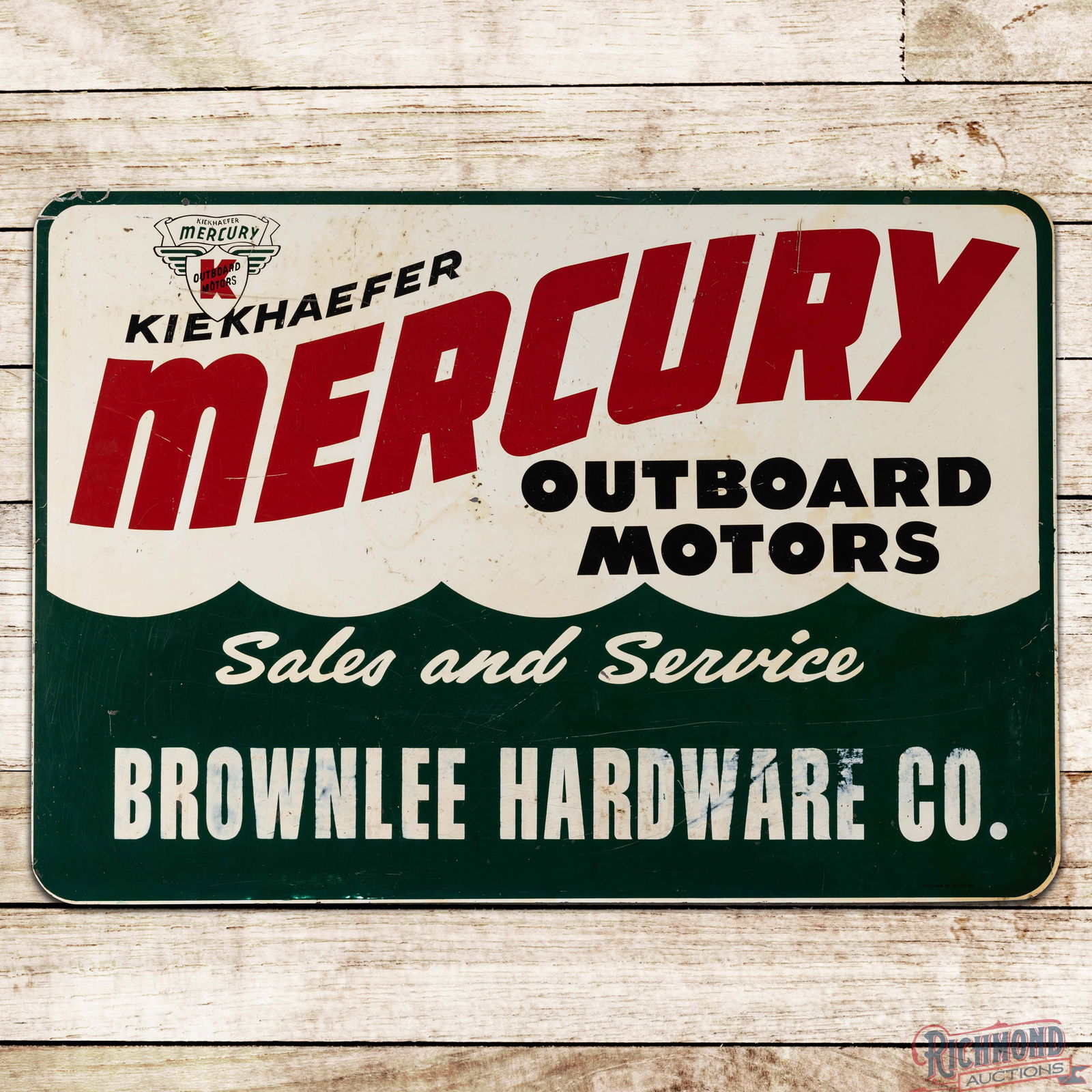 Kiekhaefer Mercury Outboard Motors Sales & Service Double Sided Tin Sign w/ Logo (1 of 3)