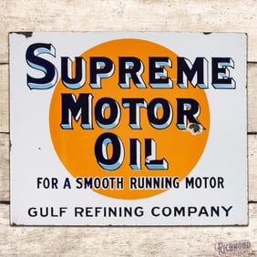 Gulf Supreme Motor Oil "For A Smooth Running Motor" Double Sided Porcelain Flange Sign