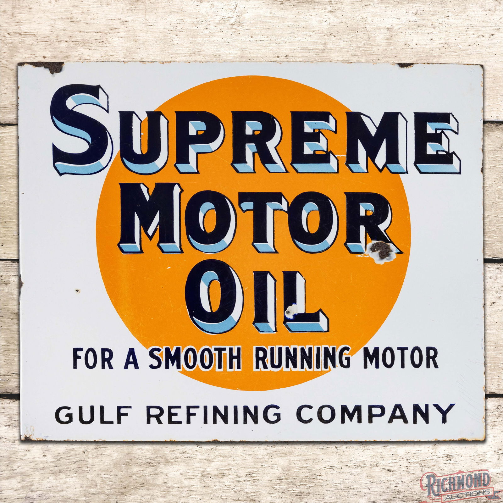 Gulf Supreme Motor Oil "For A Smooth Running Motor" Double Sided Porcelain Flange Sign (1 of 4)