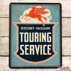 Mobil Socony-Vacuum Touring Service Emb. Single Sided Tin Sign w/ Pegasus