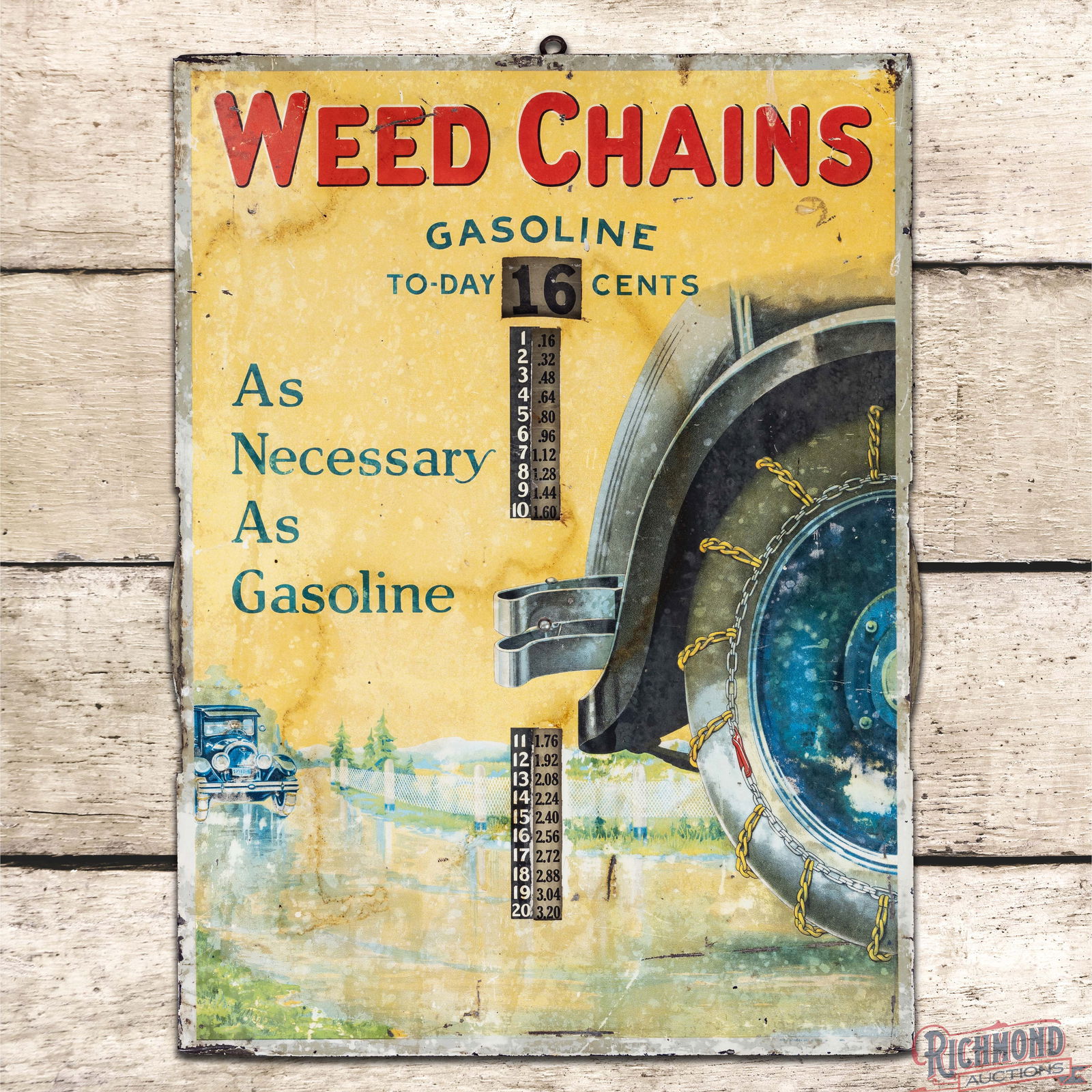 Weed Chains "As Necessary as Gasoline" Single Sided Tin Pricer Sign w/ Early Automobile: SST (Single Sided Tin) sign with factory wooden support frame and pricer wheel has good color and shine. The sign has highly detailed graphics of early automobiles with weed chains in use. The display