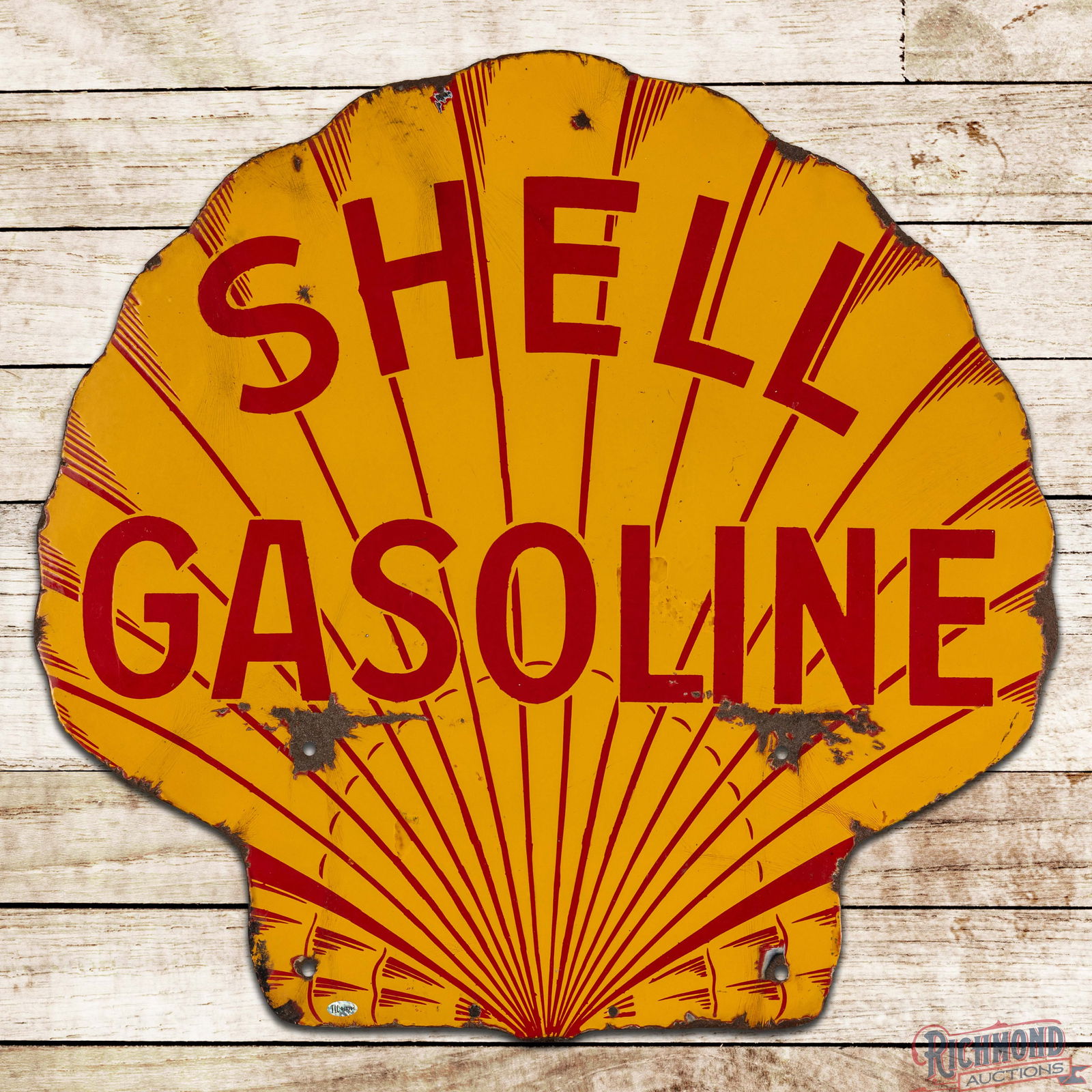 Shell Gasoline 25" Die Cut Double Sided Porcelain Sign w/ Full Lines: DSP (Double Sided Porcelain) die cut sign has very good color and gloss. Side #1 has chips with surface wear and crazing. The perimeter has a small bend on the lower tip with edge wear. The reverse is