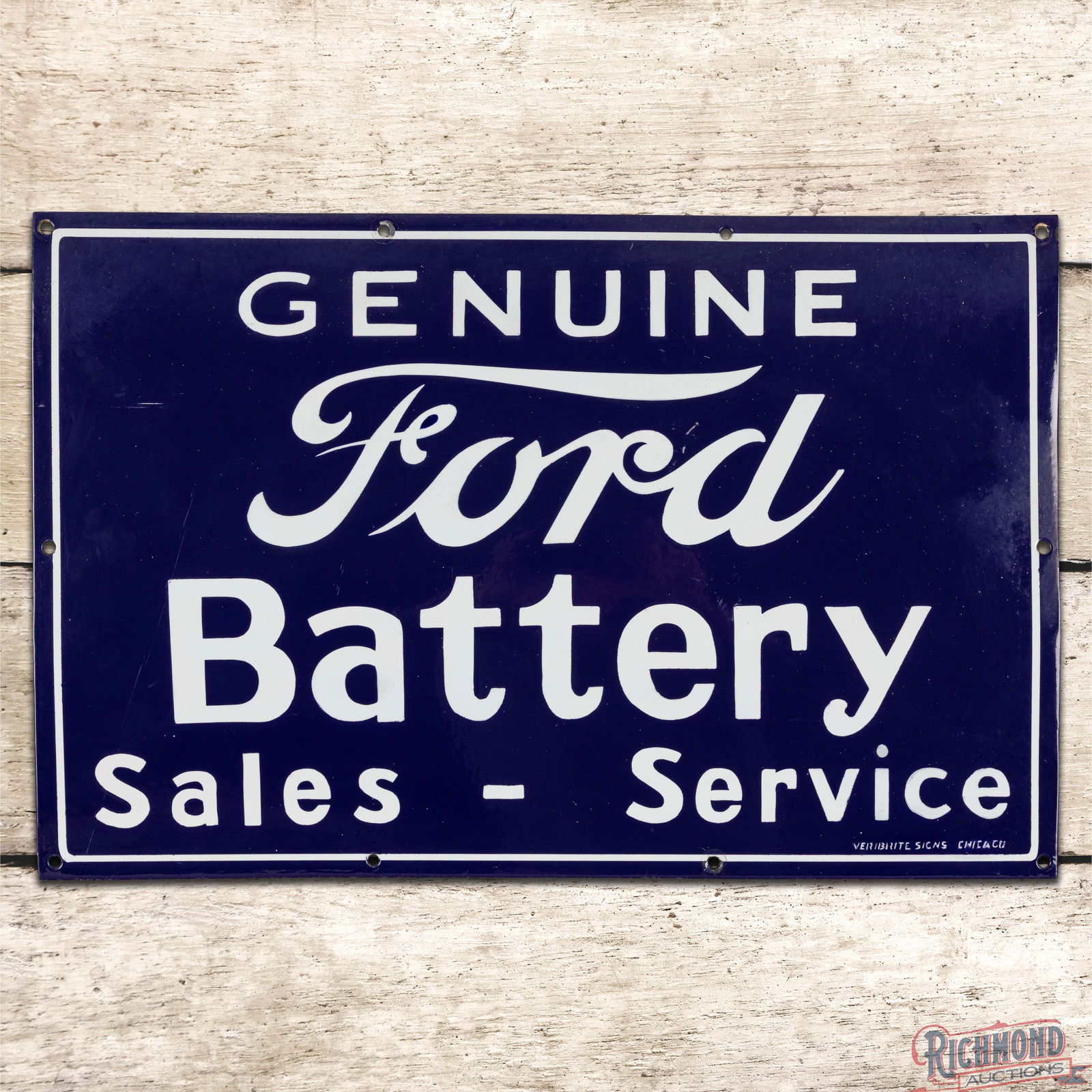 Genuine Ford Battery Sales Service Single Sided Porcelain Sign: SSP (Single Sided Porcelain) sign has excellent color and gloss. The sign has been professionally restored. The field and perimeter have small scuffs and minor handling marks. The sign is marked Verib